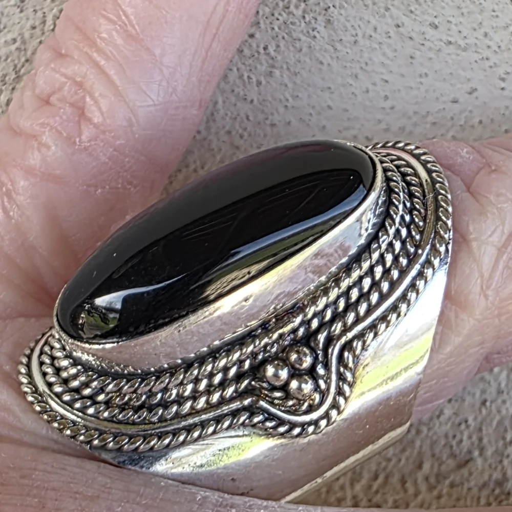 Long Black Onyx Boho Ring in 925 Sterling Silver (snug 9)